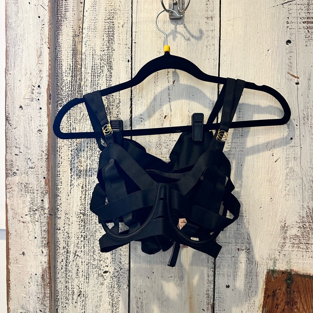Black strappy bra and pantie from Victoria’s Secret with tags on.